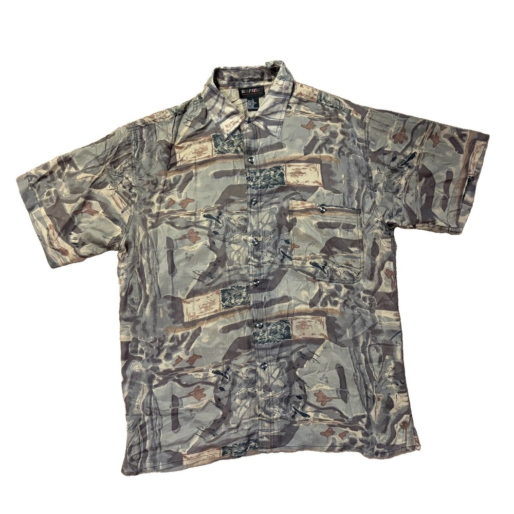 Vintage 90s Surprise 100% Silk Shirt Mens M Abstract Camo Style Print Button Up